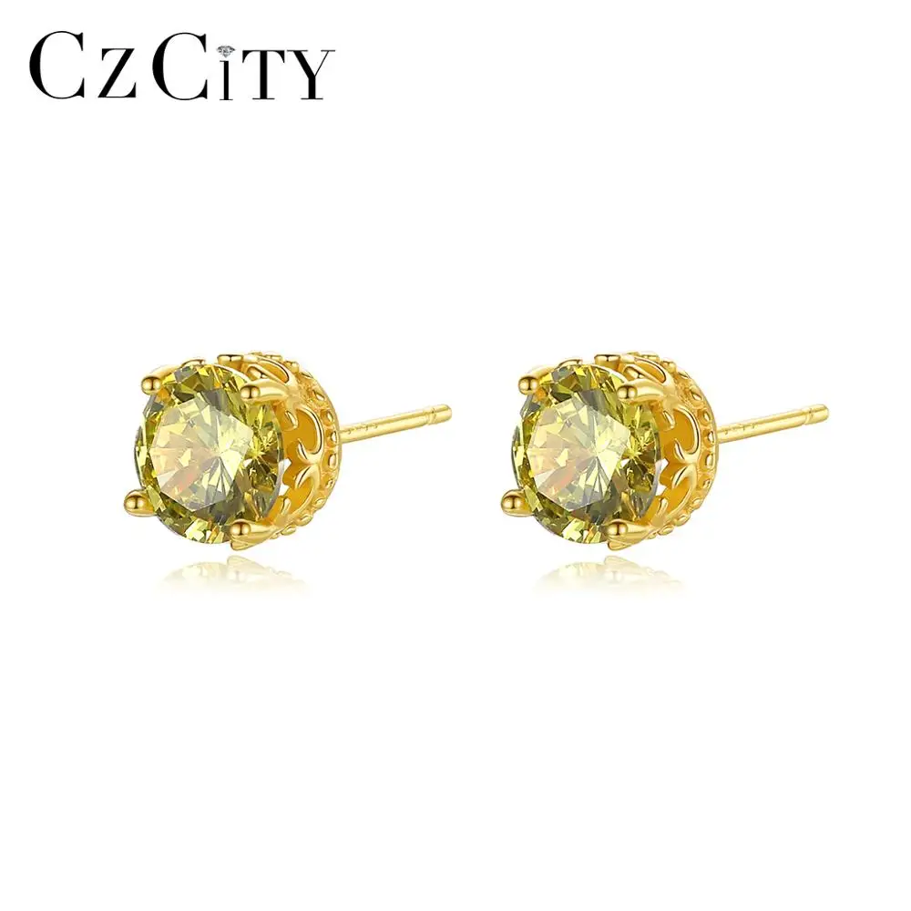 

CZCITY 100% 925 Sterling Silver Small Stud Earrings Yellow Round Gemstone Jewelry for Women Girls Dating Birthday Gifts SE442