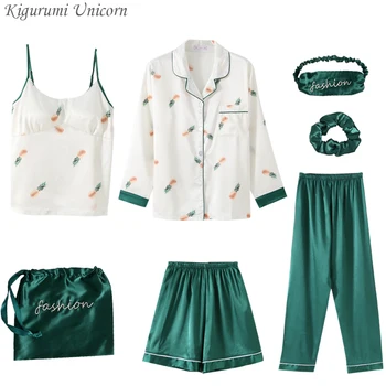 Women Pajamas 7 Piece Set Silk Long Sleeve Top Elastic Waist Pants Full Lounge 2020 Women Sleepwear Sets Spring Summer Home wear
Women Pajamas 7 Piece Set Silk Long Sleeve Top Elastic Waist Pants Full Lounge 2020 Women Sleepwear Sets Spring Summer Home wear