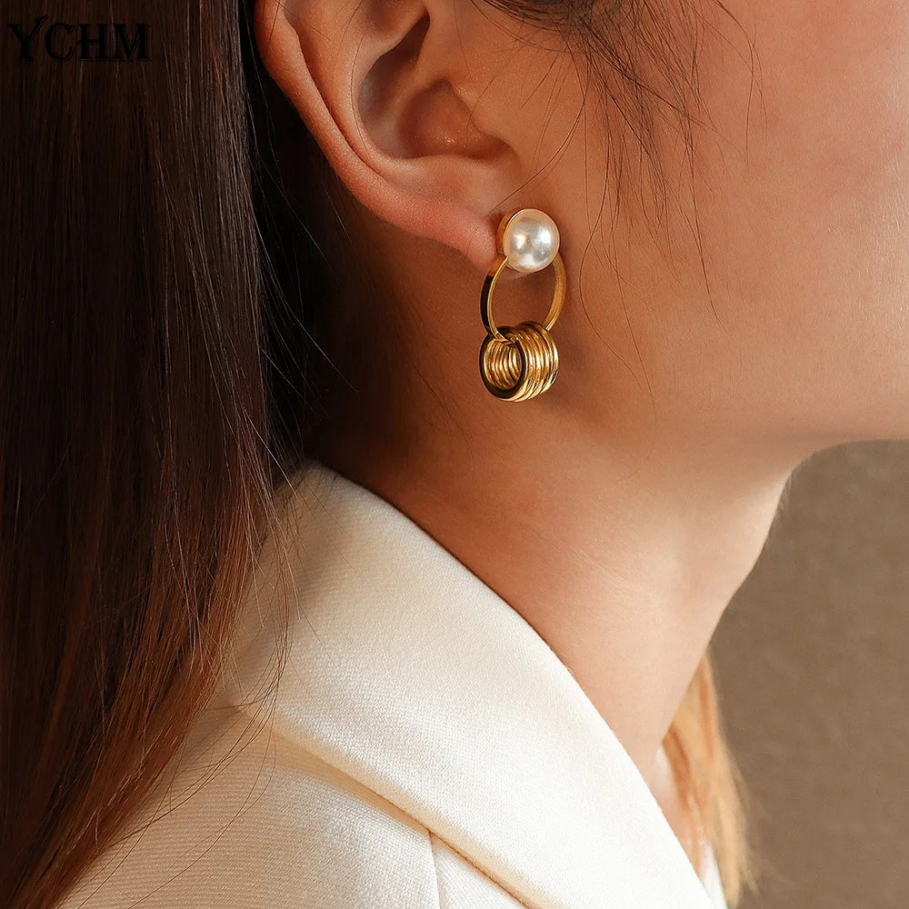 

Double Ring Prearl Drop Earrings Fashion Stainless Steel Hoop Earrings for Women Trendy Designer Statement Earrings 2021 Jewelry