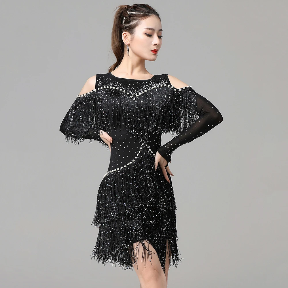 

Sexy One-Piece Latin Dance Dresses Off Shoulder Gilrs Salsa Samba Sling Stretchy Dress Long Sleeves Fringes Competition Costume