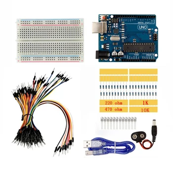 Starter Kit for UNO R3 for Arduino Breadboard Jumper Wire USB Cable 9V Battery Connector LED Light Lamp Diodes 10K 1k Resistor
Starter Kit for UNO R3 for Arduino Breadboard Jumper Wire USB Cable 9V Battery Connector LED Light Lamp Diodes 10K 1k Resistor