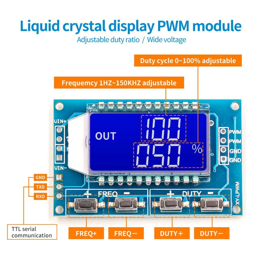 Signal Generator PWM Pulse Frequency Duty Cycle Adjustable Module LCD Display 1Hz-150Khz 3.3V-30V PWM Board Module
Signal Generator PWM Pulse Frequency Duty Cycle Adjustable Module LCD Display 1Hz-150Khz 3.3V-30V PWM Board Module