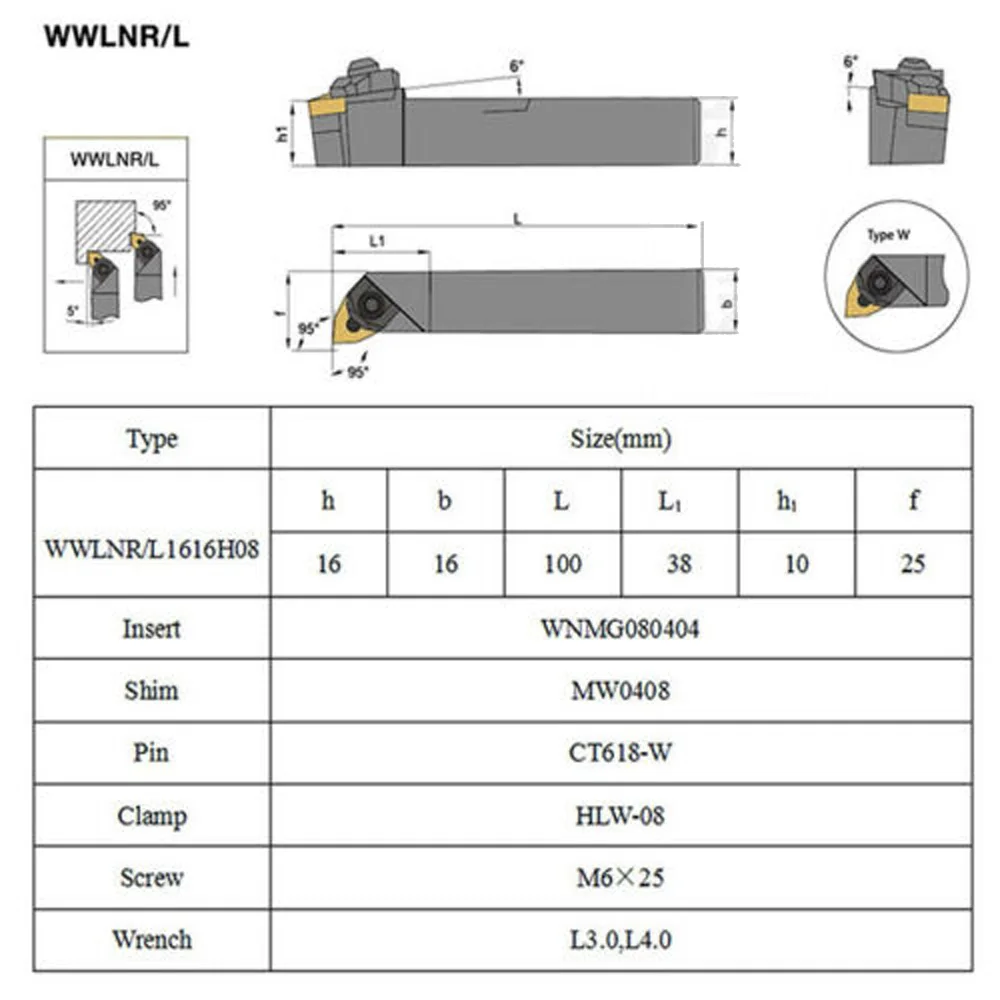 WNMG080404 Insert Insert Stainless Steel Wrench Lathe Turning Holder 100mm/4'' WWLNR1616H/K08 Universal
WNMG080404 Insert Insert Stainless Steel Wrench Lathe Turning Holder 100mm/4'' WWLNR1616H/K08 Universal