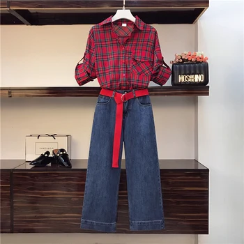 2020 New Spring Summer Fashion Women's Sets British Style Red Plaid Blouses + Loose Wide Leg Denim Trousers Female Pants Suits
2020 New Spring Summer Fashion Women's Sets British Style Red Plaid Blouses + Loose Wide Leg Denim Trousers Female Pants Suits
