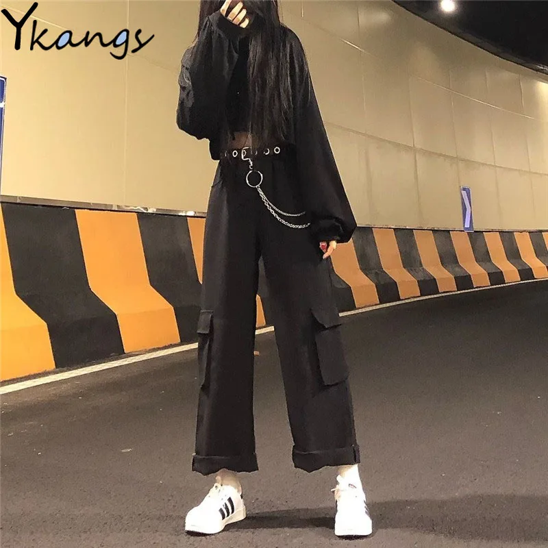 

With Chain Baggy Cargo Solid Black Pants Gothic Harajuku Streetwear 2020 Hip Hop Women Pants Female Wide Leg Pants Pocket Korean