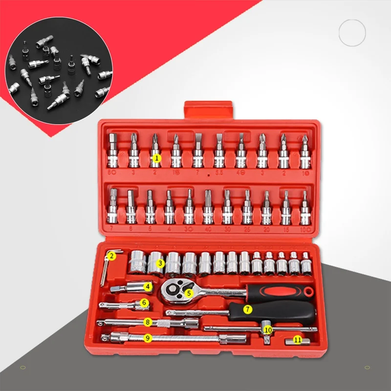46Pcs/Set Car Motorcycle Repair Tool Ratchet Wrench Set Drive Socket Spanner Kit Batch Head Screwdriver Socket Set DIY Toos
46Pcs/Set Car Motorcycle Repair Tool Ratchet Wrench Set Drive Socket Spanner Kit Batch Head Screwdriver Socket Set DIY Toos