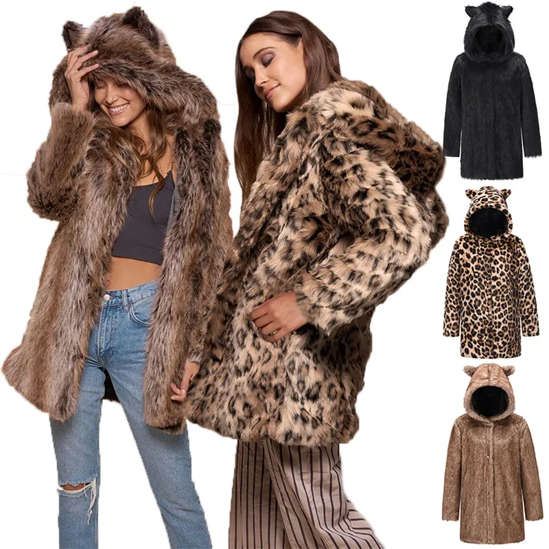 Faux Fur Women Winter Outerwear Streetwear Solid Color Leopard Print Bear Ear Hooded Long Sleeves Button Open Fur Coat for Girls
Faux Fur Women Winter Outerwear Streetwear Solid Color Leopard Print Bear Ear Hooded Long Sleeves Button Open Fur Coat for Girls