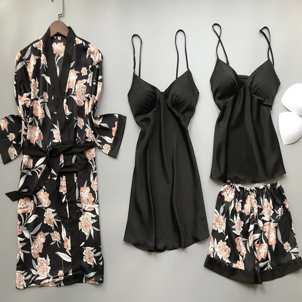 Women Pajamas Summer Silk Robe Sleepwear Pijama 4 Pieces Silk Satin Shorts Sleepwear Embroidery Sleep Lounge Pyjama Chest Pads
Women Pajamas Summer Silk Robe Sleepwear Pijama 4 Pieces Silk Satin Shorts Sleepwear Embroidery Sleep Lounge Pyjama Chest Pads