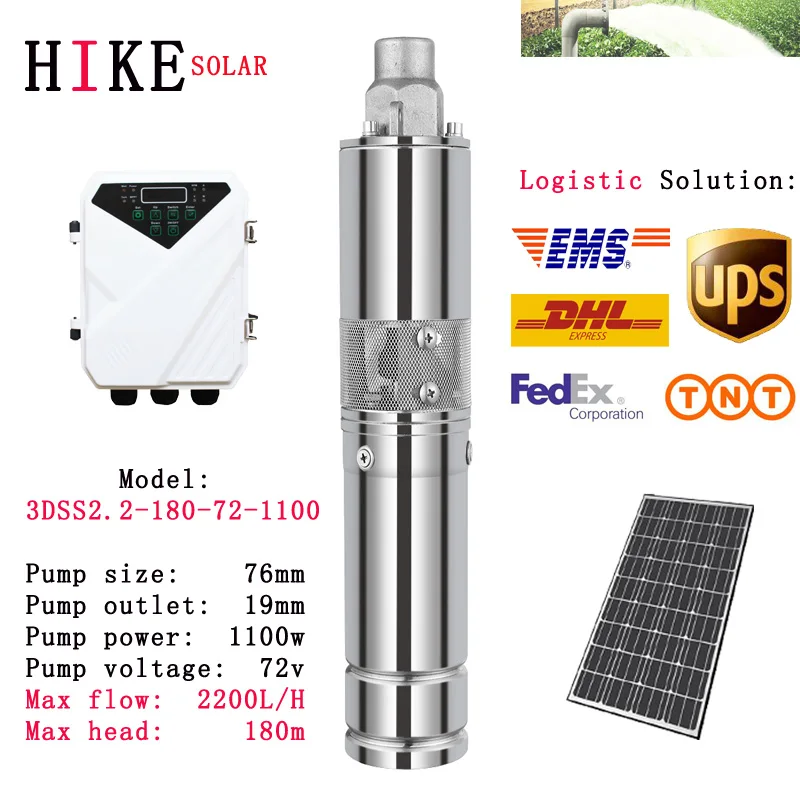 Hike solar equipment 3" DC Screw Deep Well Solar Water Pump 72V 1100W With MPPT Controller Head 180m Model 3DSS2.2-180-72-1100
Hike solar equipment 3" DC Screw Deep Well Solar Water Pump 72V 1100W With MPPT Controller Head 180m Model 3DSS2.2-180-72-1100