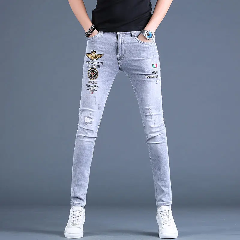 Beggar Style Men’s Slim-fit Ripped Jeans,High Quality Embroidery Stretch Denim Pants,Scratches Sexy Gray Jeans Pants;
Beggar Style Men’s Slim-fit Ripped Jeans,High Quality Embroidery Stretch Denim Pants,Scratches Sexy Gray Jeans Pants;