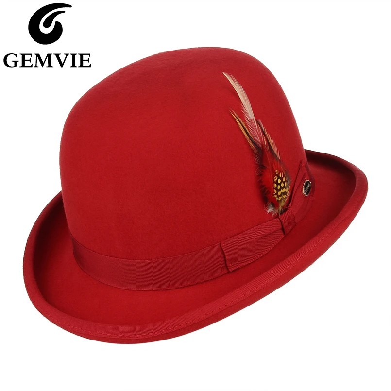 

GEMVIE 100% Wool Felt Feather Derby Bowler Hat For Men/Women Satin Lined Fashion Party Formal Fedora Costume Magician Cap