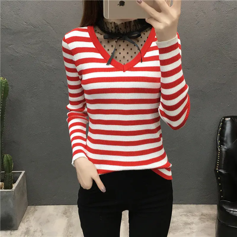 Autumn Winter chic V-Neck Lace Pullovers Sweaters Women Spring Korea Red Striped Warm Knitted Sweater Female Bottoming Jumper
Autumn Winter chic V-Neck Lace Pullovers Sweaters Women Spring Korea Red Striped Warm Knitted Sweater Female Bottoming Jumper