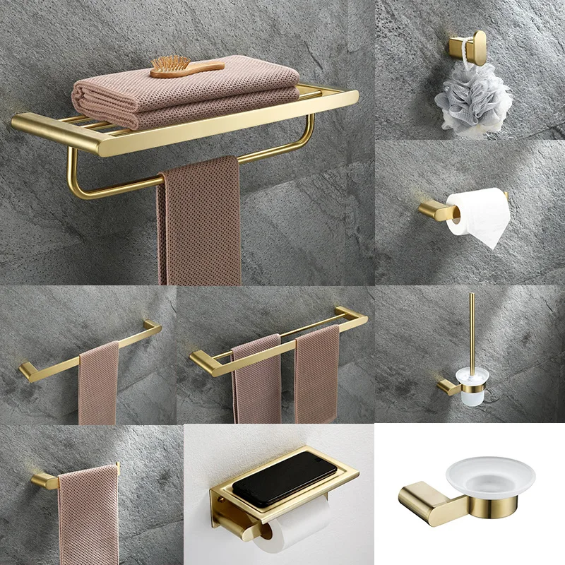 Gold Brushed Bathroom Accessories Luxury Stainless Steel Toilet Paper Shelves Hook Soap Dish Shower Storage Rack Organizer Set 
Gold Brushed Bathroom Accessories Luxury Stainless Steel Toilet Paper Shelves Hook Soap Dish Shower Storage Rack Organizer Set