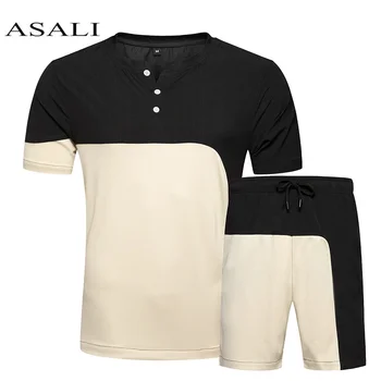 Two Piece Sets Men Button V-neck Short Sleeve T Shirt Cropped Top+Shorts Mens Tracksuits 2020 New Causal Trousers T-Shirt Short 
Two Piece Sets Men Button V-neck Short Sleeve T Shirt Cropped Top+Shorts Mens Tracksuits 2020 New Causal Trousers T-Shirt Short