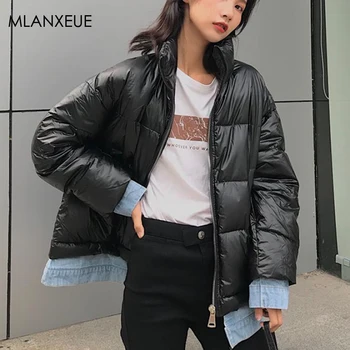 Denim Patchwork Glossy Down Coats Women Korea Style Standing Collar Winter Down Jacket Female Loose Hardy Parka Coat Plus Size
Denim Patchwork Glossy Down Coats Women Korea Style Standing Collar Winter Down Jacket Female Loose Hardy Parka Coat Plus Size