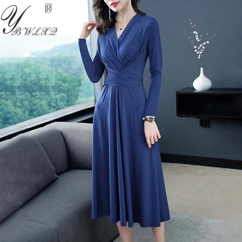 

Elegant Fall Clothing Women Fashion Slim V-Neck Solid Color Long Sleeve Dress Chic Lady Lace-Up A-Line Party Midi Dresses