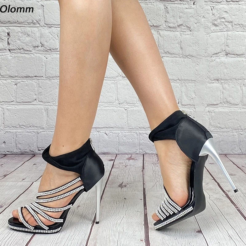 

Olomm 2021 Handmade Women Gladiator Sandals Sexy Rhinestone Stiletto Heels Open Toe Pretty Black Party Dress Shoes Size 35-47