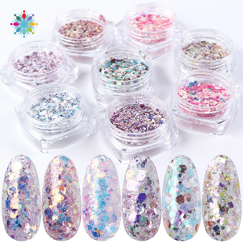 

8 Boxes/Set Holographic Nail Glitter Powder Flakes Shiny Charms Hexagon Nail Art Pigment Dust Decoration Manicure Tool