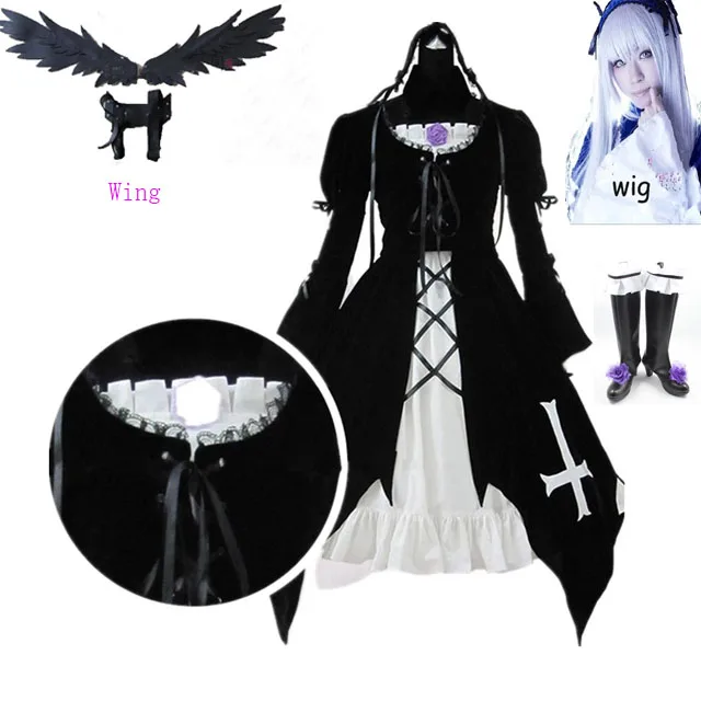 

Anime Rozen Maiden Cosplay Costume Suigintou Mercury Lampe Cosplay Costumes Velvet Dress wig shoes wings Boots For Halloween