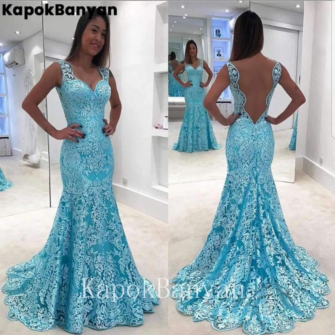 

Full Lace Sweetheart Neckline Backless Mermaid Formal Evening Dress Sweep Train Trumpet Party Gown