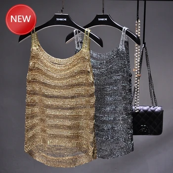 Sexy Hollow out Knit Camisole Striped Transparent Korean Sliver Basic Top Spaghetti FemmeWomen Gold Lurex Tank Tops 
Sexy Hollow out Knit Camisole Striped Transparent Korean Sliver Basic Top Spaghetti FemmeWomen Gold Lurex Tank Tops