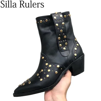 2019 Runway Black Rivet Chelsea Boots Women Genuine Leather Pointed Toe Punk Woman Slip On Chunky Heels Winter Shoes Women
2019 Runway Black Rivet Chelsea Boots Women Genuine Leather Pointed Toe Punk Woman Slip On Chunky Heels Winter Shoes Women