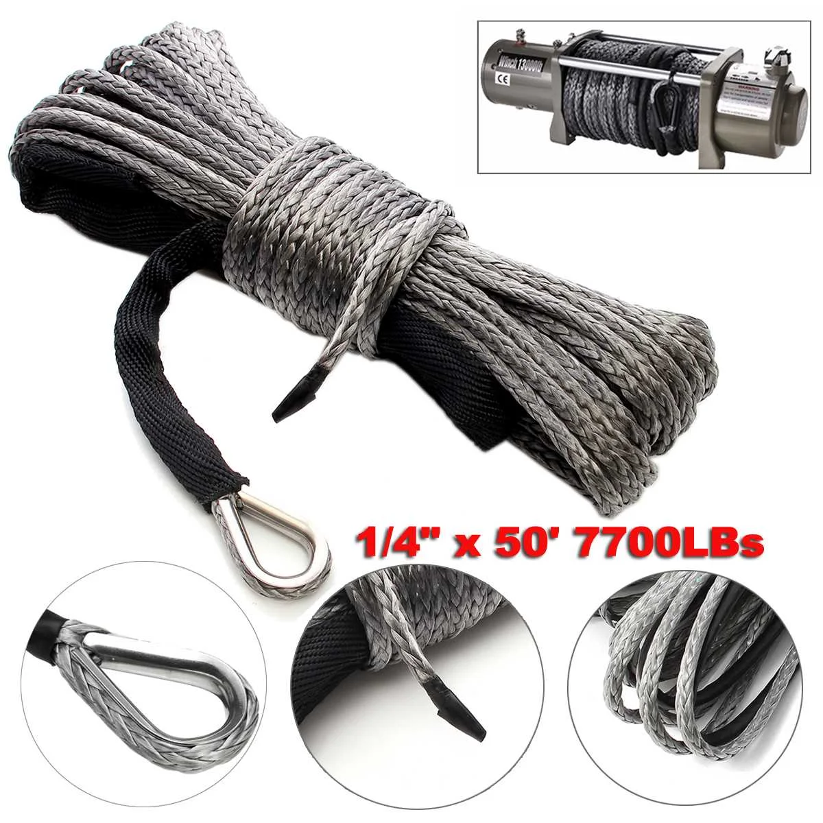 

15m 7700LBs Synthetic Winch Rope Line Cable with Sheath ATV UTV Capstan Gray Towing Rope Car Wash Maintenance Auto String