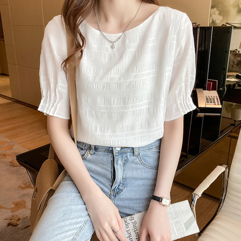 

GGRIGHT New O-Neck Chiffon Blouses Loose Short Sleeve Women Shirts 2021 Office Lady Summer Tops Woman Clothes Chemisier Femme