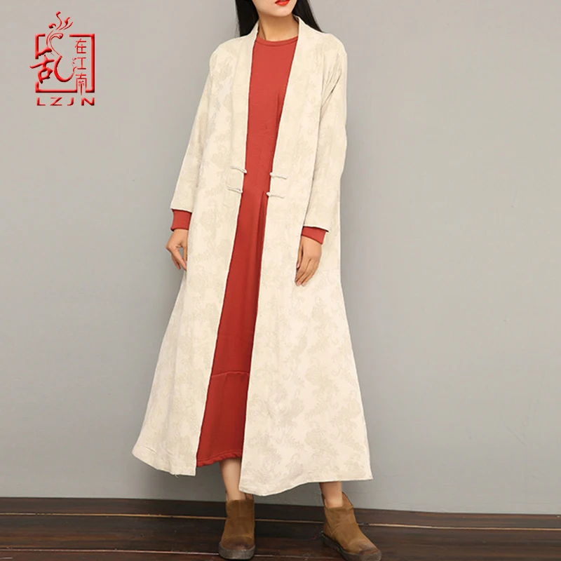 

LZJN 2019 Women Autumn Winter Vintage Slim Cotton Linen Jacquard Cardigan Long Coat Chinese National Style Trench Outerwear