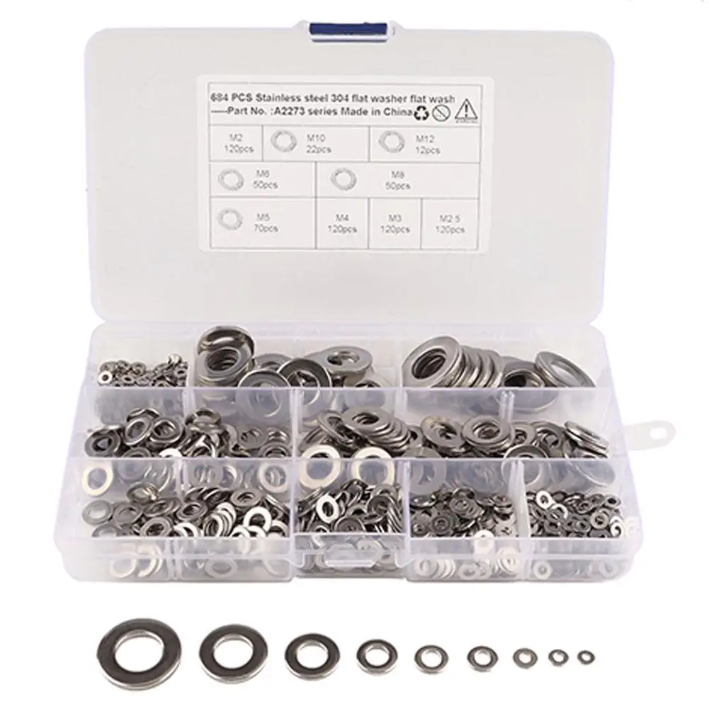 A2273 684Pcs/set Assorted Piece Spacer M2-M12 Flat Stainless Steel Circular Form Washers Kit 9 Specifications
A2273 684Pcs/set Assorted Piece Spacer M2-M12 Flat Stainless Steel Circular Form Washers Kit 9 Specifications
