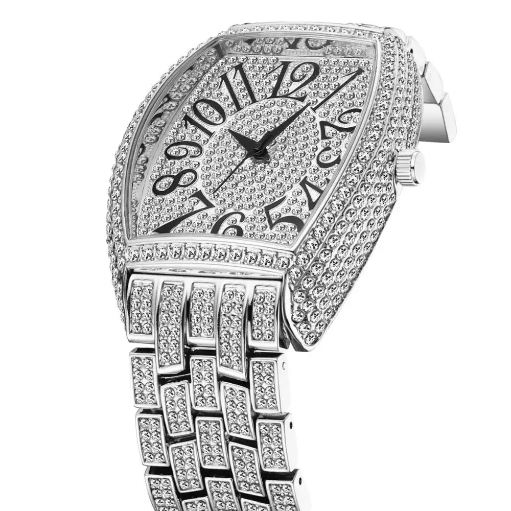 Уникальные мужские часы Tonneau Iced Out роскошные в стиле хип хоп с бриллиантами