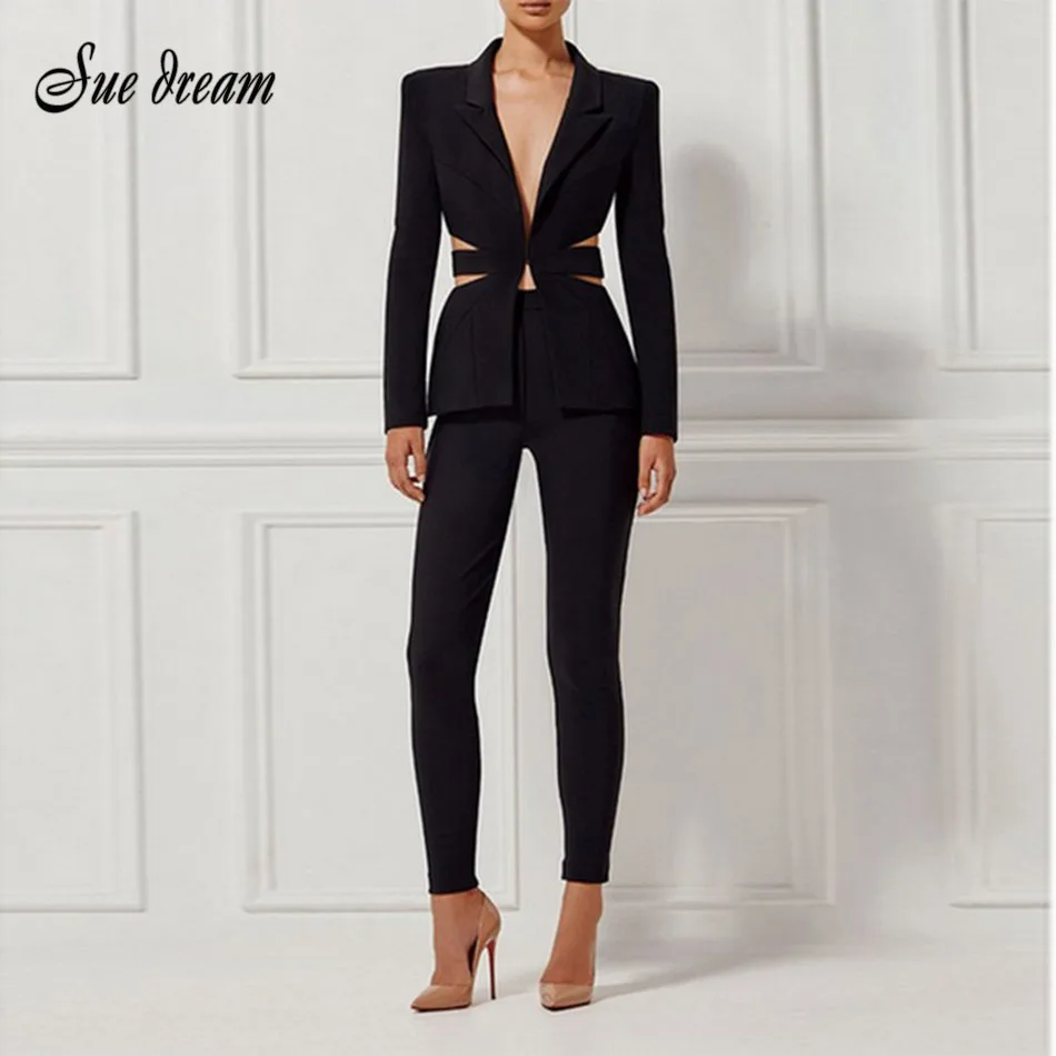 2020 New Deep V Blazer Skinny Cut Out Formal Pant Suits Sets Sexy