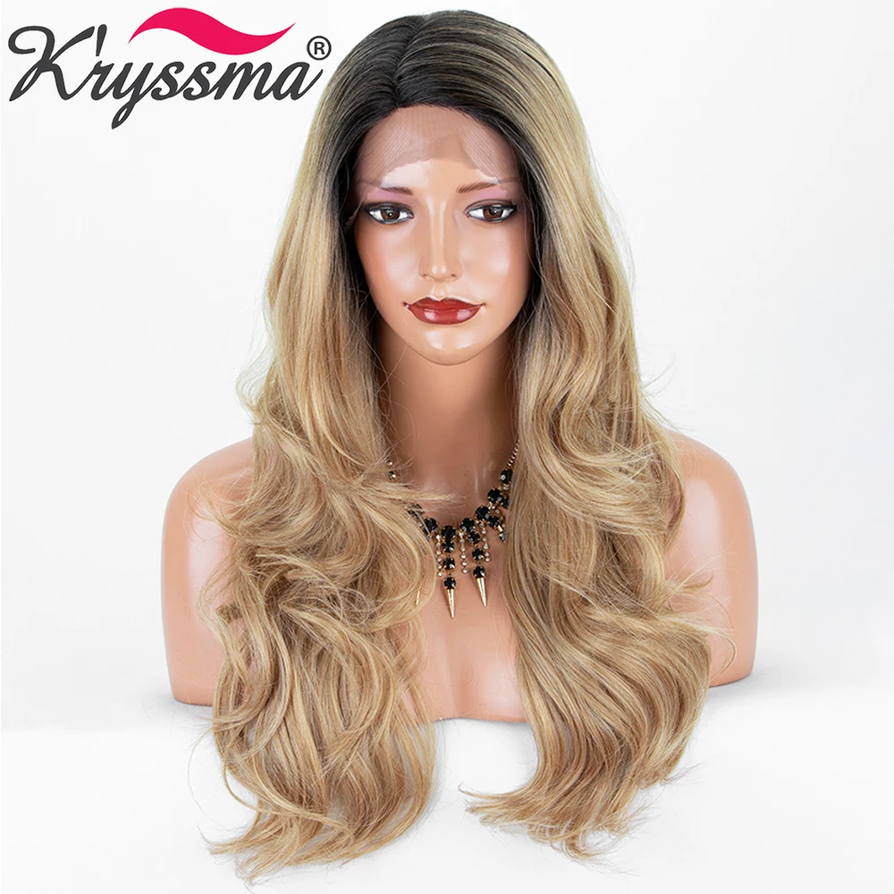 

Kryssma Long Wavy Ombre Honey Blonde Synthetic Lace Front Wigs For Black Women L Parting Hair Cosplay Wigs Heat Resistant Fiber