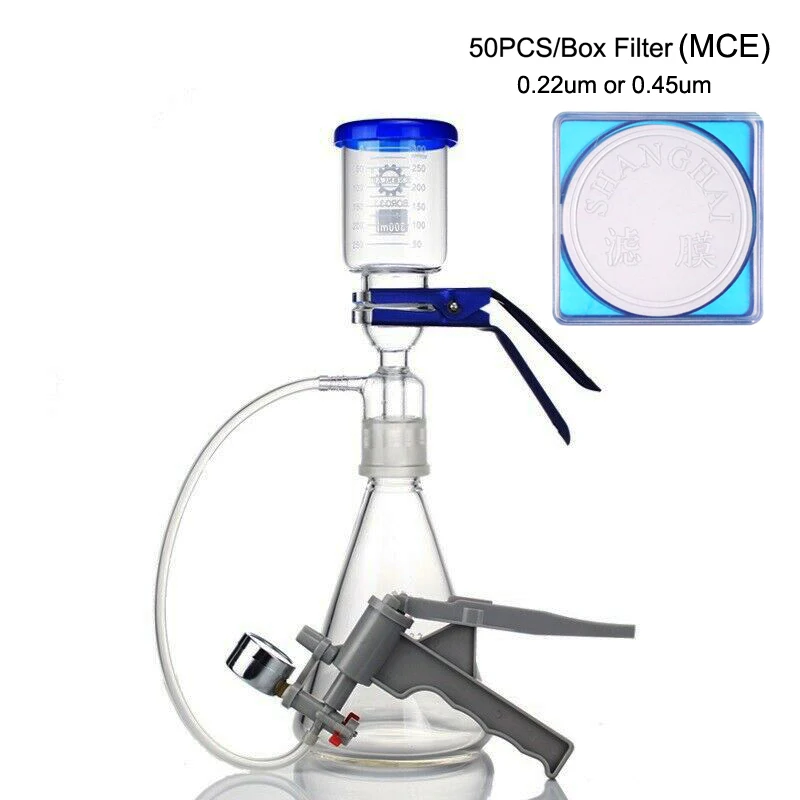 

Lab Medical Glass Vacuum Filtration Membrane Buchner Refillable Bottle Funnel Flask Apparatus Kit with Manual Pump MCE Filter
