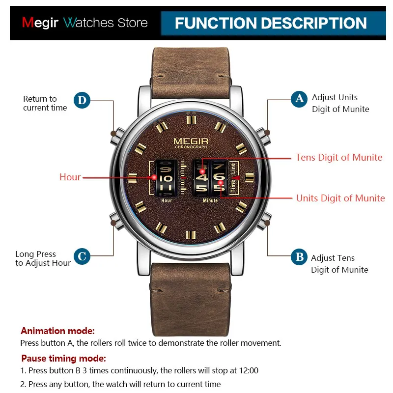 Часы MEGIR Мужские кварцевые в стиле милитари с кожаным ремешком|Кварцевые часы| |