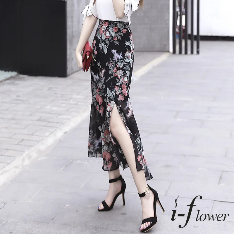 Peony Print Long Skirts for Women, Elegant Elastic Skirt, High Waist Mermaid Ruffle Skirt, Slit Chiffon, Floral Jupe 
Peony Print Long Skirts for Women, Elegant Elastic Skirt, High Waist Mermaid Ruffle Skirt, Slit Chiffon, Floral Jupe