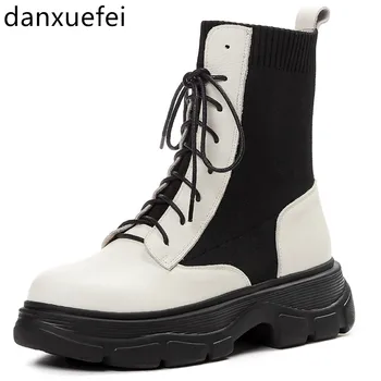 Women's genuine leather elastic patchwork lace-up martin boots platform flats casual thick sole short Motorcycle boots shoes 
Women's genuine leather elastic patchwork lace-up martin boots platform flats casual thick sole short Motorcycle boots shoes