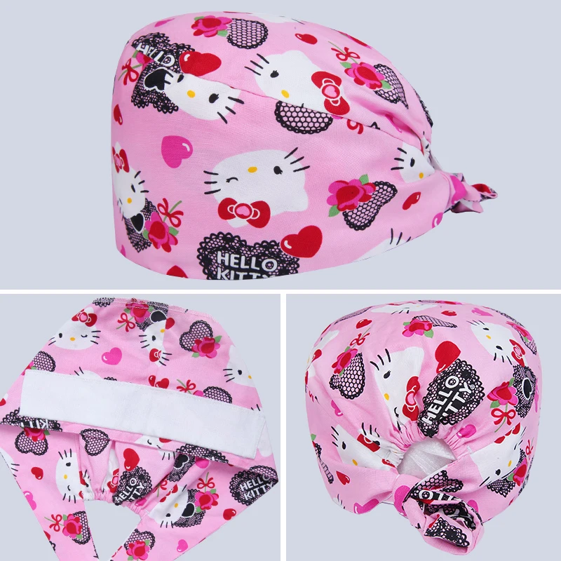 

Pink Cat Women's Scrub Cap Nurse Work Hat Ground Skull Caps 100% Cotton Tieback Sweataband Chef Beautician Head Wear M109
