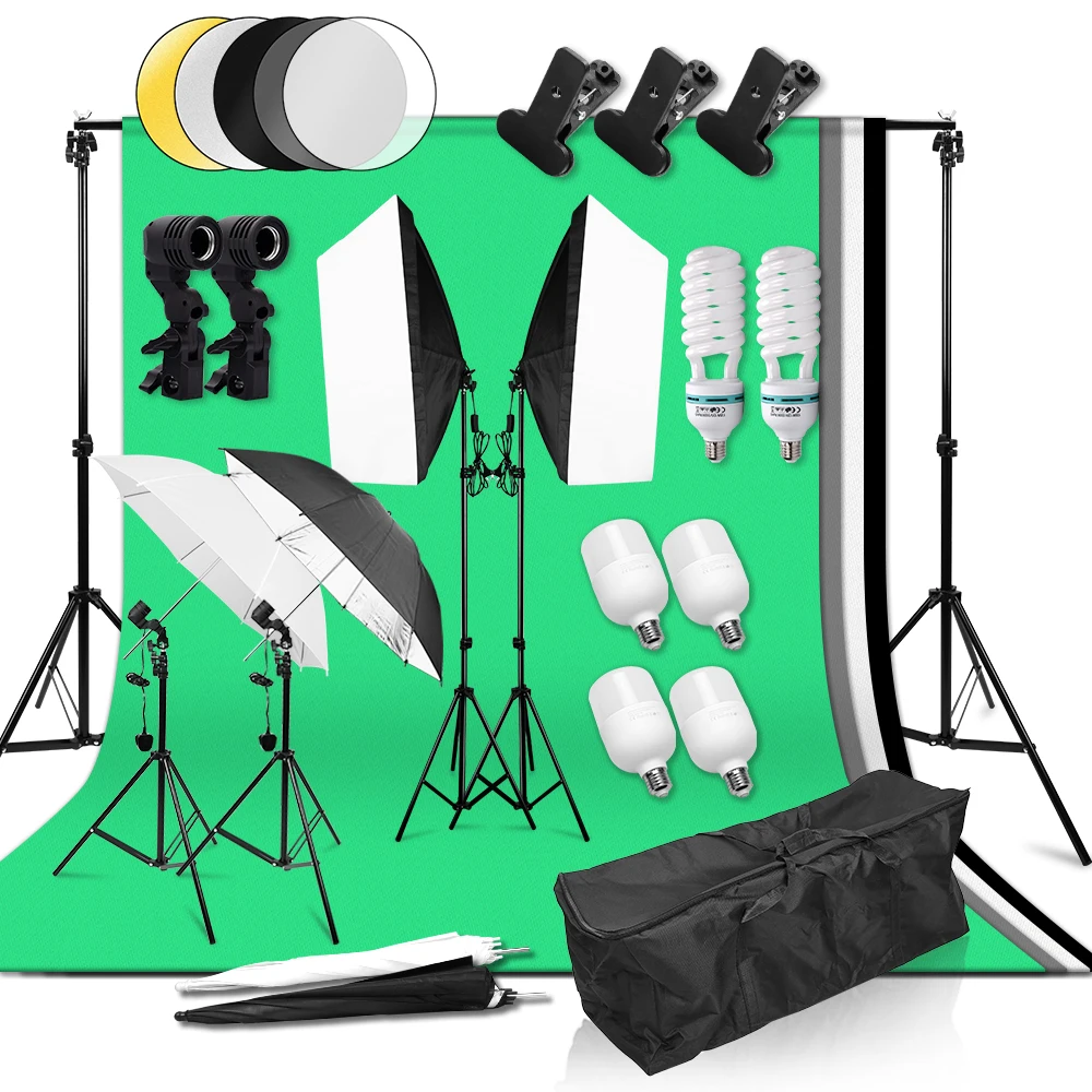 Professional Photography Lighting Equipment Kit 50*70cm Softbox 2x3M Background Frame 4 Color Backdrops 5in1 Reflector Umbrella
Professional Photography Lighting Equipment Kit 50*70cm Softbox 2x3M Background Frame 4 Color Backdrops 5in1 Reflector Umbrella