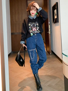 Denim lapel beaded printed western style sweater + chain harem pants jeans suit women 2020 autumn and winter
Denim lapel beaded printed western style sweater + chain harem pants jeans suit women 2020 autumn and winter