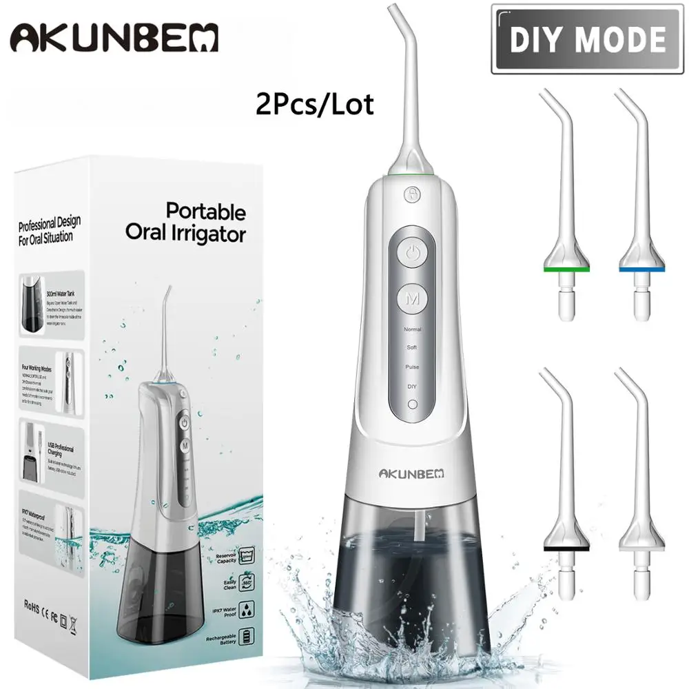 2pcs Akunbem Portable Oral irrigator Professional Cordless Water Flosser Rechargeable Waterproof Jet Floss Dental Surfer 300ML
2pcs Akunbem Portable Oral irrigator Professional Cordless Water Flosser Rechargeable Waterproof Jet Floss Dental Surfer 300ML