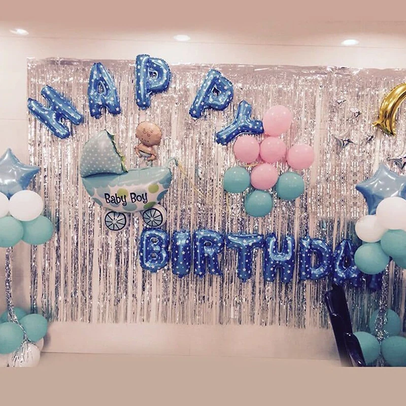 

2M Metallic Foil Tinsel Fringe Curtain Happy Birthday Backdrop Decoration First Birthday Baby Boy Girl Party 1st One Year