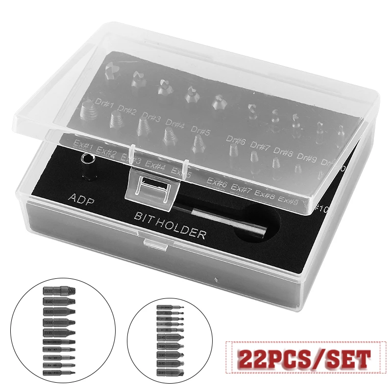 

22Pcs Damaged Screw Extractor Set Broken Bolt Remover Tool Easy Out Stripped Drill Bits For Alloy/Hex/Square Head Bolts