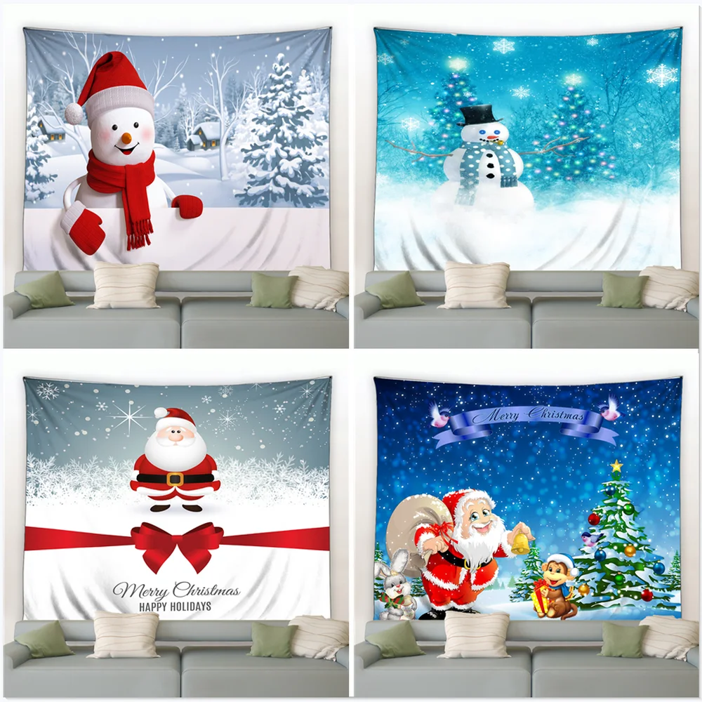 

Merry Christmas Big Tapestry Santa Claus Snowman Xmas Background Wall Hanging Blanket Festival Decoration Winter Home Wall Cloth