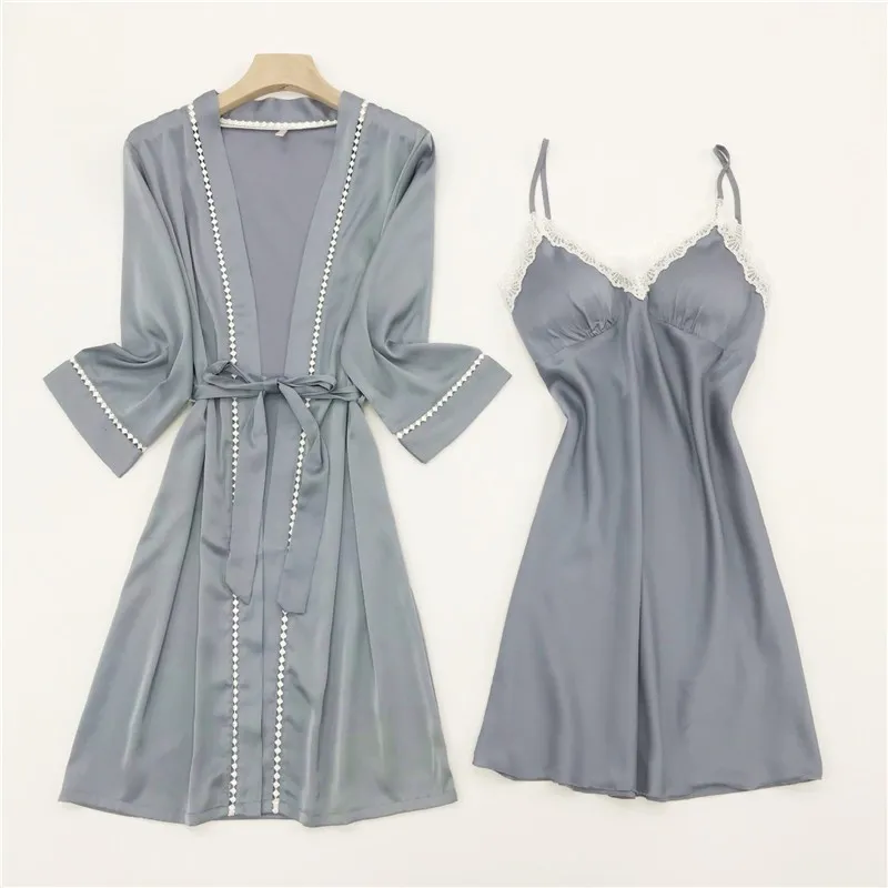 

Sexy 2PCS Satin Women Robe Set Kimono Bathrobe Gown Rayon Sleepwear Nightgown Intimate Lingerie Summer Nightdress Home Clothes