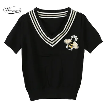 Women's V-neck Contrast Color Striped Bee Embroidery T-Shirt Spring And Summer New Short Sleeve Pullover Slim Knitted Top CY-102
Women's V-neck Contrast Color Striped Bee Embroidery T-Shirt Spring And Summer New Short Sleeve Pullover Slim Knitted Top CY-102