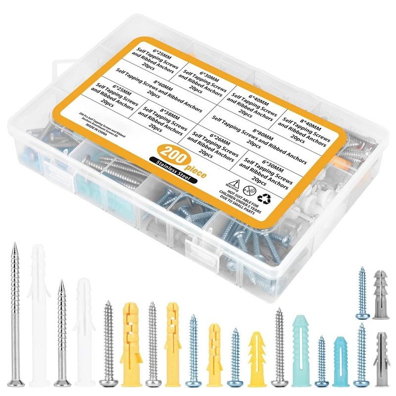 Plastic Self Drilling Drywall Ribbed Anchors Assortment with Screws Kit 200 Piece
Plastic Self Drilling Drywall Ribbed Anchors Assortment with Screws Kit 200 Piece