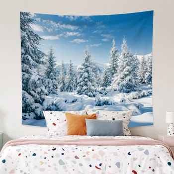 

Laeacco Fashion Tapestry Snow Mountain Pine Forest Snowfield Blue Sky White Clouds Wall Hangings Modern Home Living Room Decor