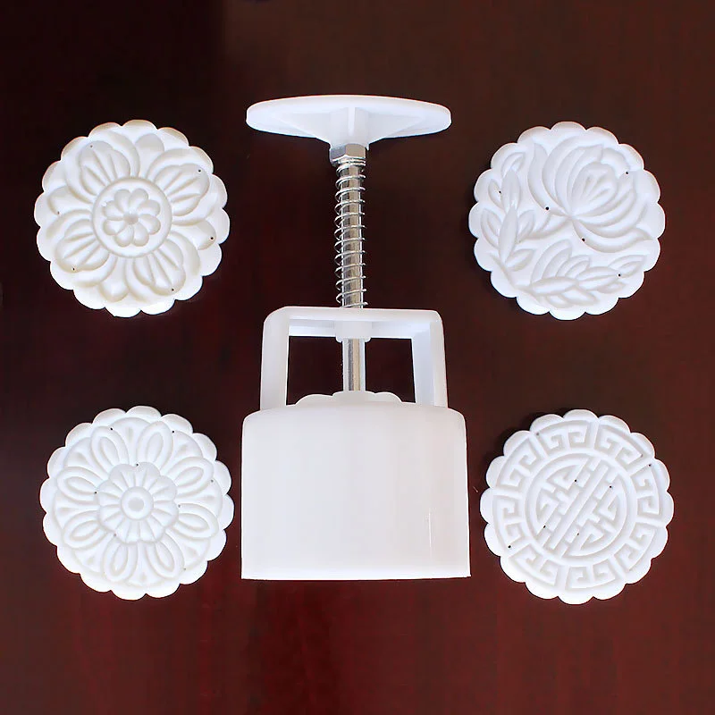 

100g Mooncake Mold +4 Flower Stamps DIY Baking Pastry Round Moon Cake Mould Tool ABS Flower Mooncake Hand DIY Tool