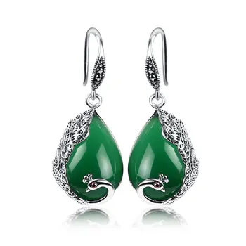 

REAL FINE SILVER EARRINGS FOR WOMEN PEACOCK SHAPE EARRINGS FEMALE ANTIALLERGIC 925 STERLING SILVER JEWELRY NATURAL STONE